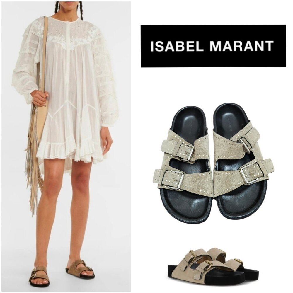 Isabel Marant Suede Studded Slide Sandals Double Buckle Taupe EU 36 - Picture 14 of 16